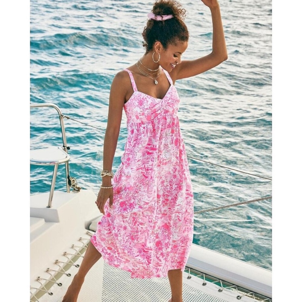 NWT Lilly Pulitzer Azora Cotton Midi Dress {Peony Pink-Seaside Scene}